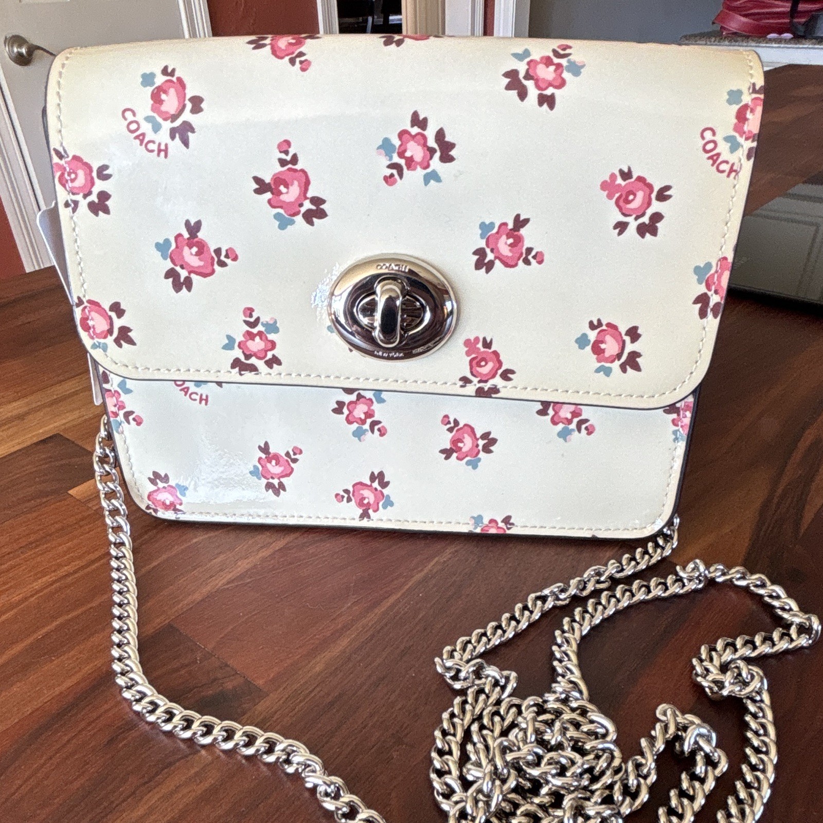 Coach Bowery Floral Bloom Print Patent Small Crossbody Turnlock Silver Chain