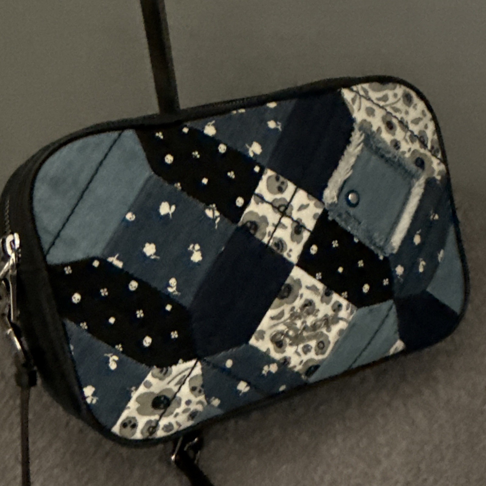Coach Patchwork Crossbody Bag Blue Black White, Double Zip, Detachable Strap