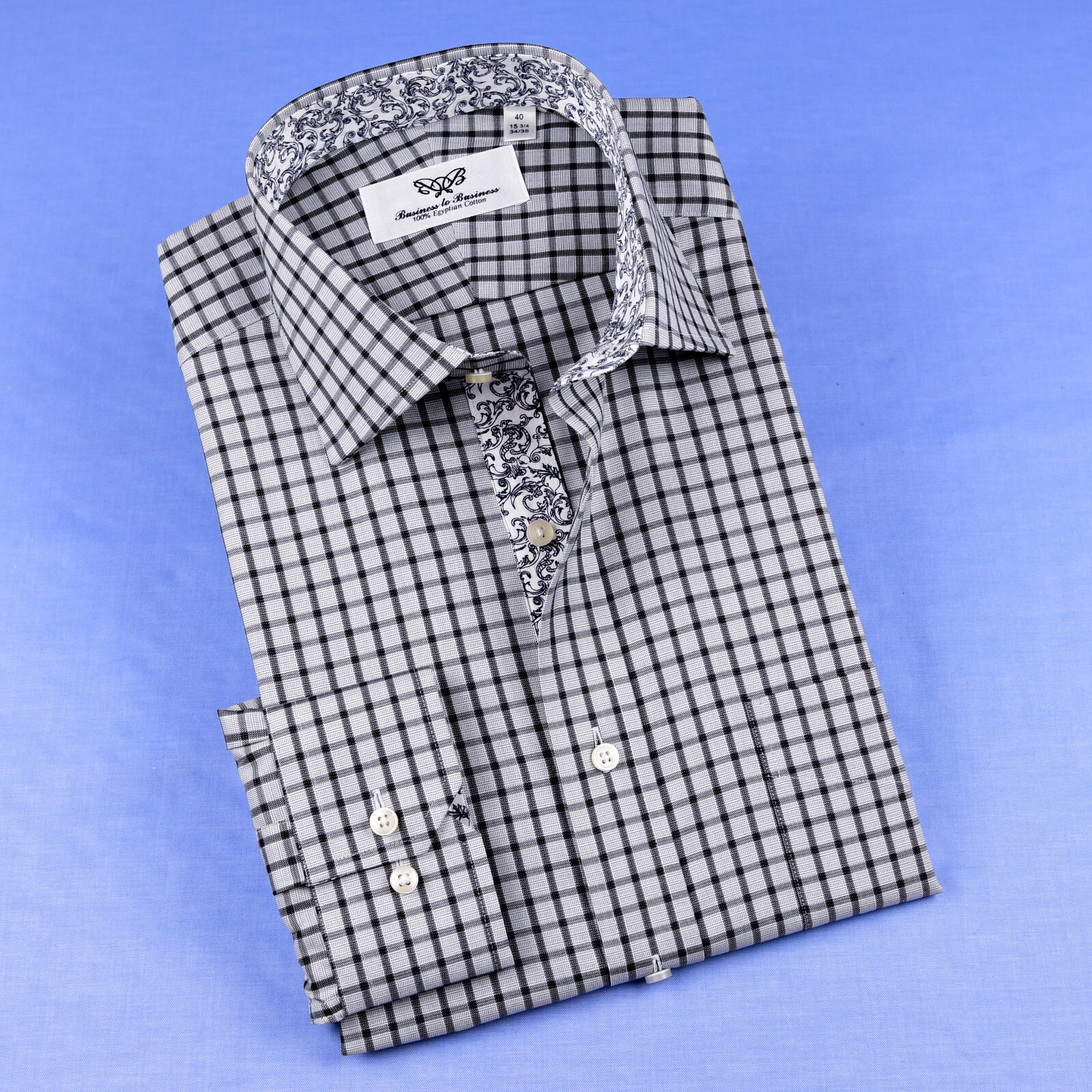 Grey Black Check Dress Shirt Formal Business Floral Paisley Barrel Button Cuff