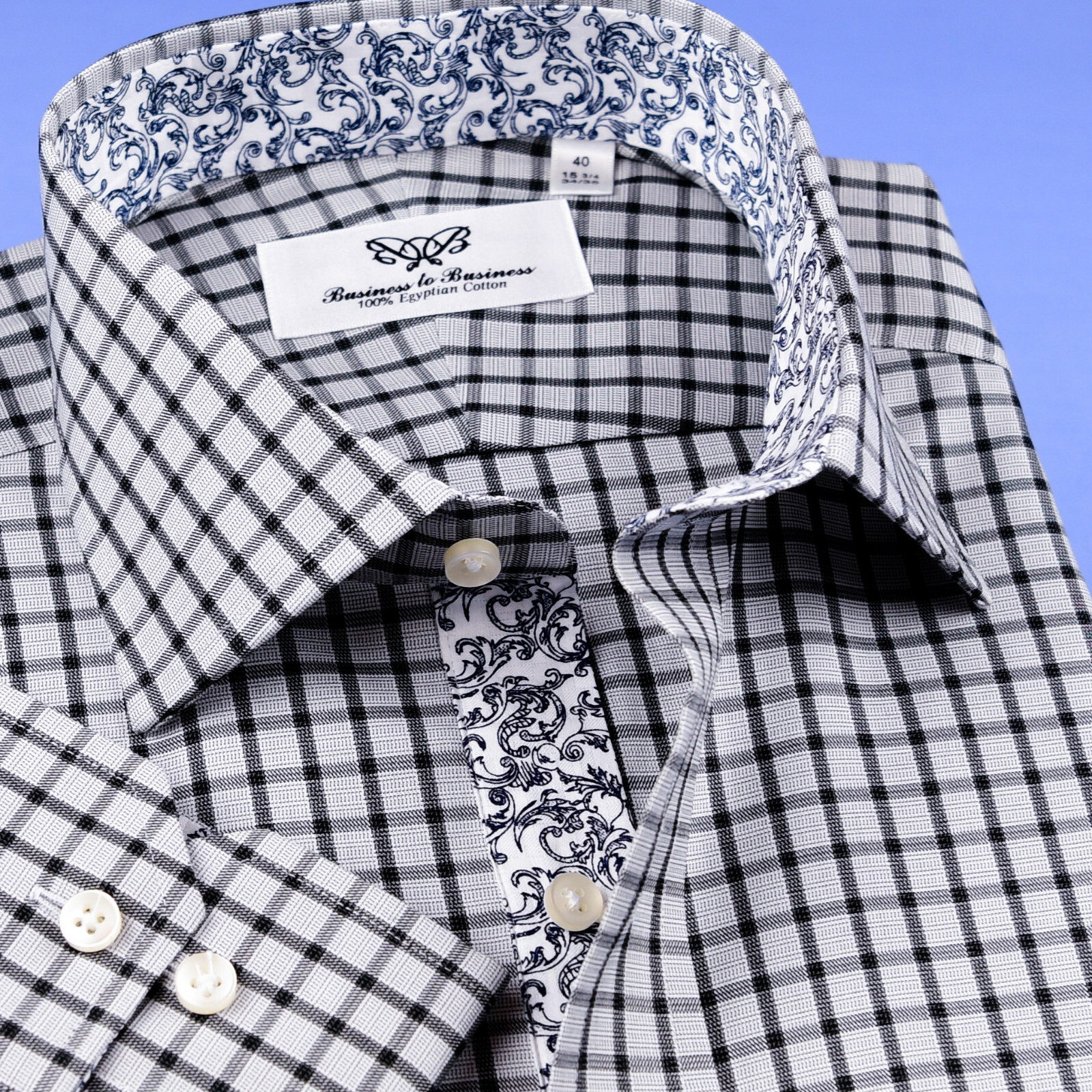 Grey Black Check Dress Shirt Formal Business Floral Paisley Barrel Button Cuff