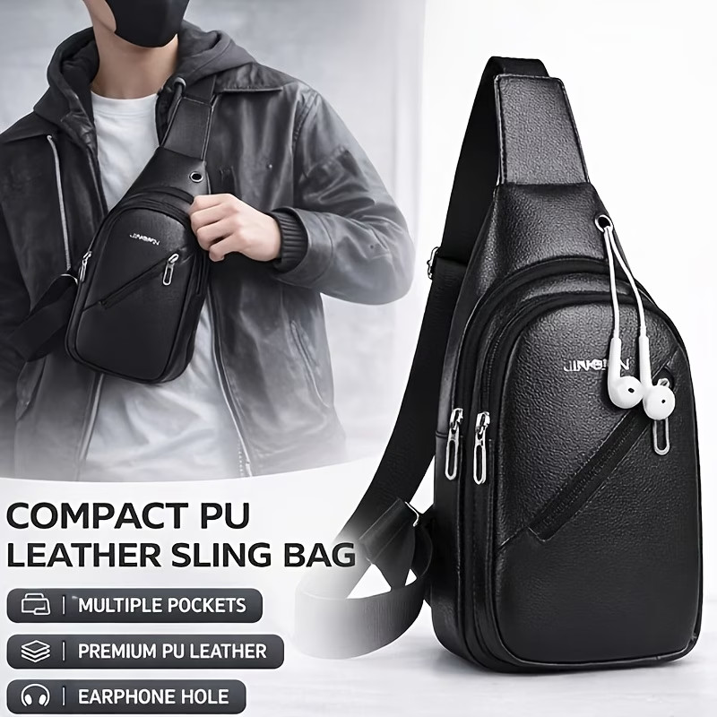 Men’s PU Leather Sling Bag, Crossbody Chest Pack Multi-Pocket, Travel Daypack