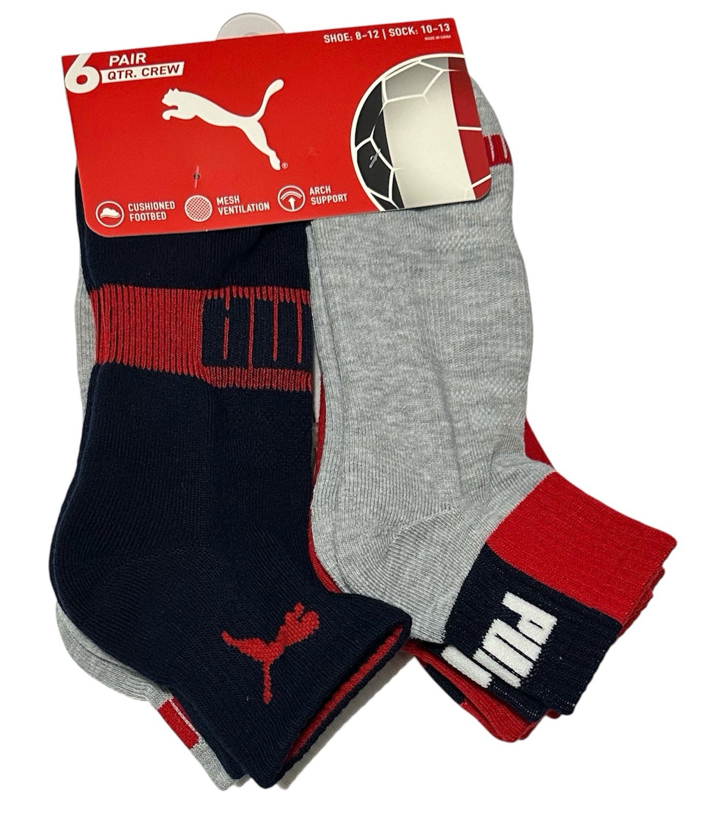 Puma Men’s Cushioned 6-Pair Quarter Crew Socks Large (8-12) Blue/Gray/White/Red
