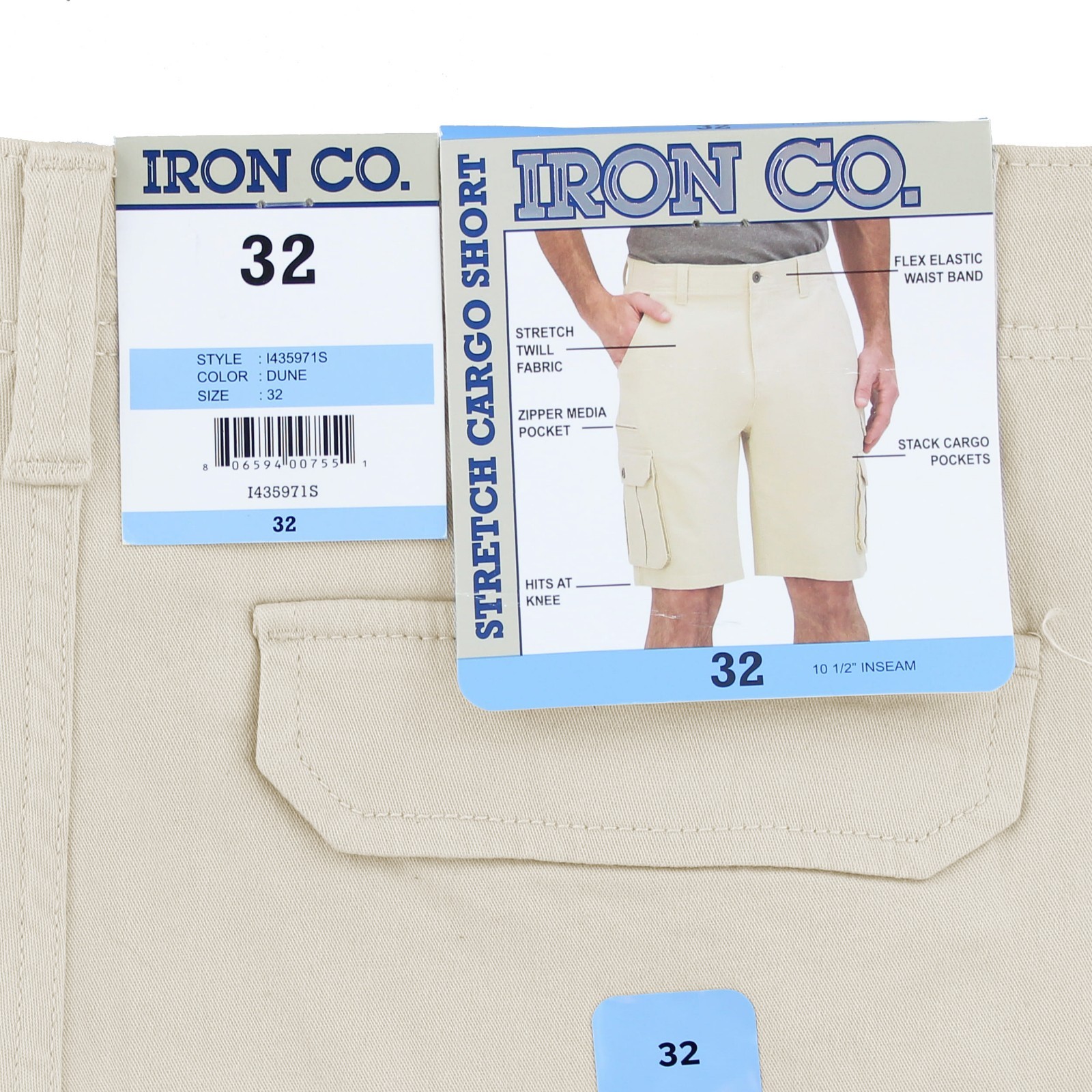 Iron Co Stretch Twill Cargo Shorts, Stack Pockets with Zipper, 10.5 in Inseam