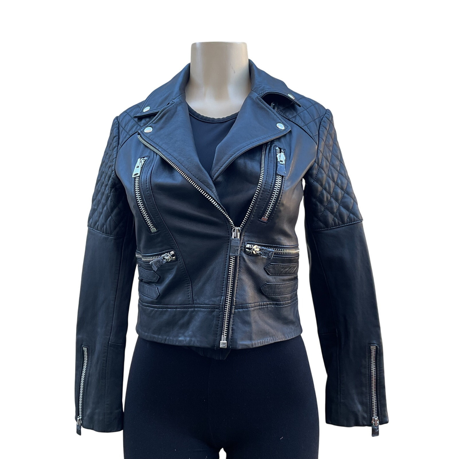 AllSaints Black Leather Moto Biker Jacket NWT Quilted Cropped Women US 2