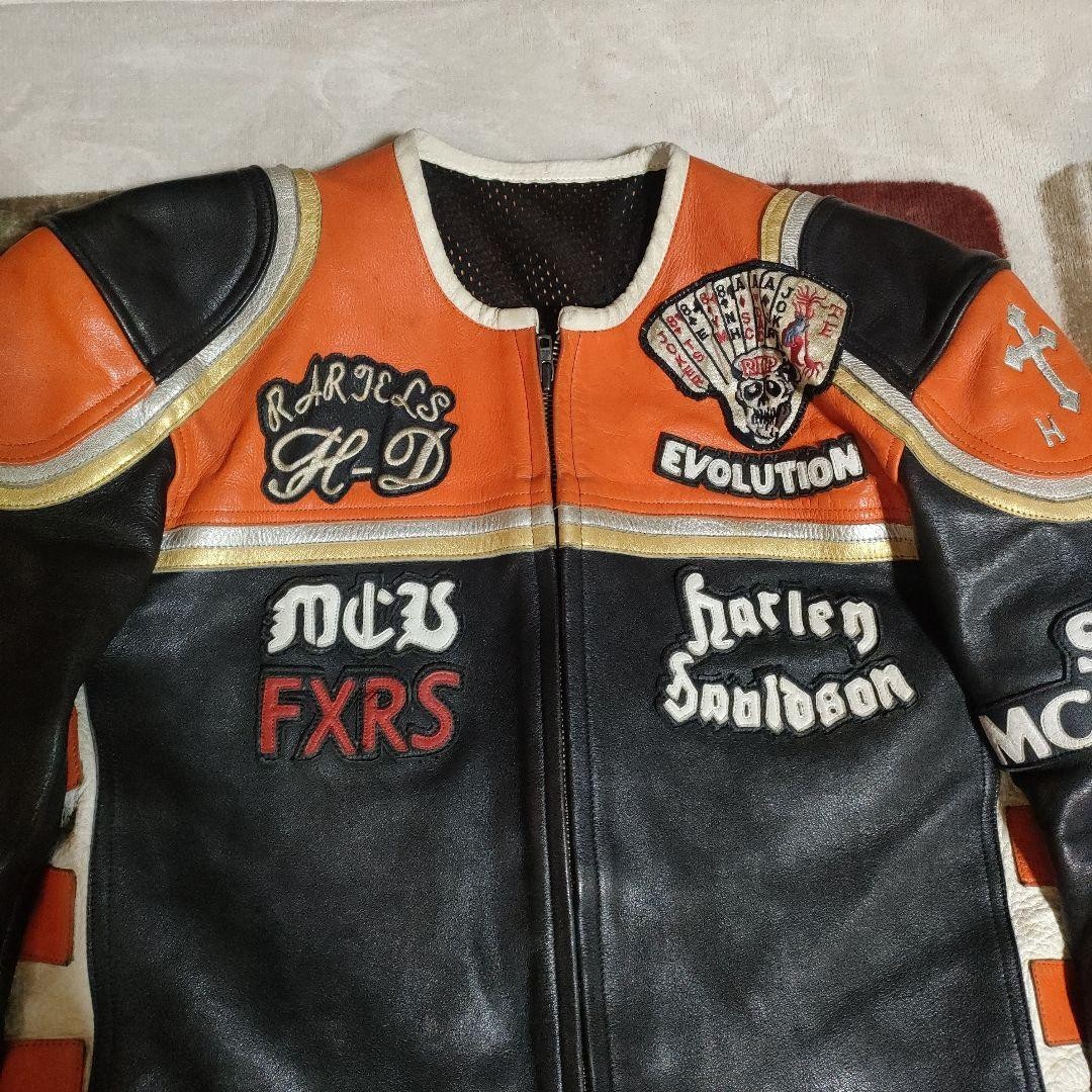HARLEY DAVIDSON Marlboro Man Leather Jacket Black Orange Biker Mens
