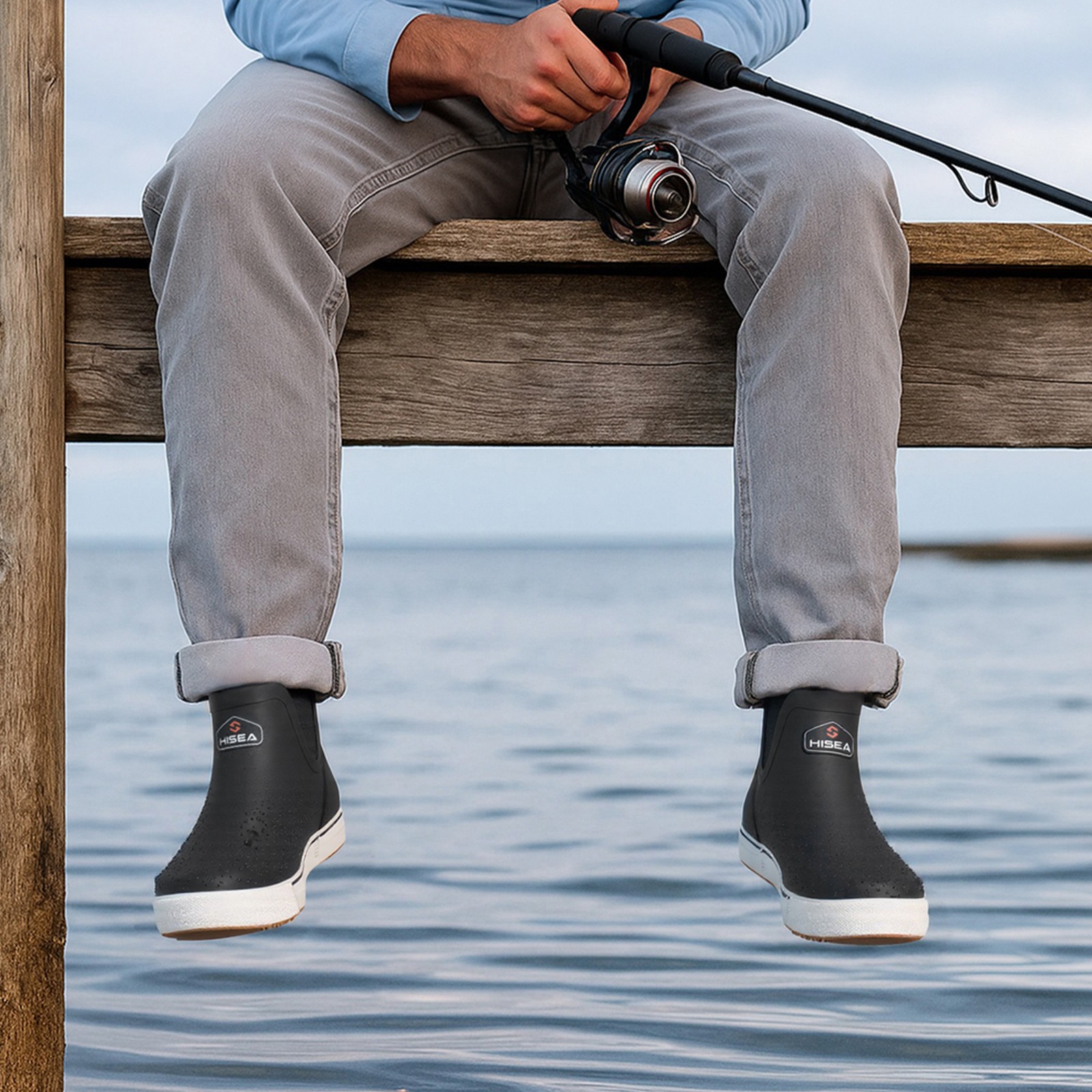 HISEA Men’s Deck Boots Ankle Rain Boots Waterproof Rubber Sailing Fishing Boots