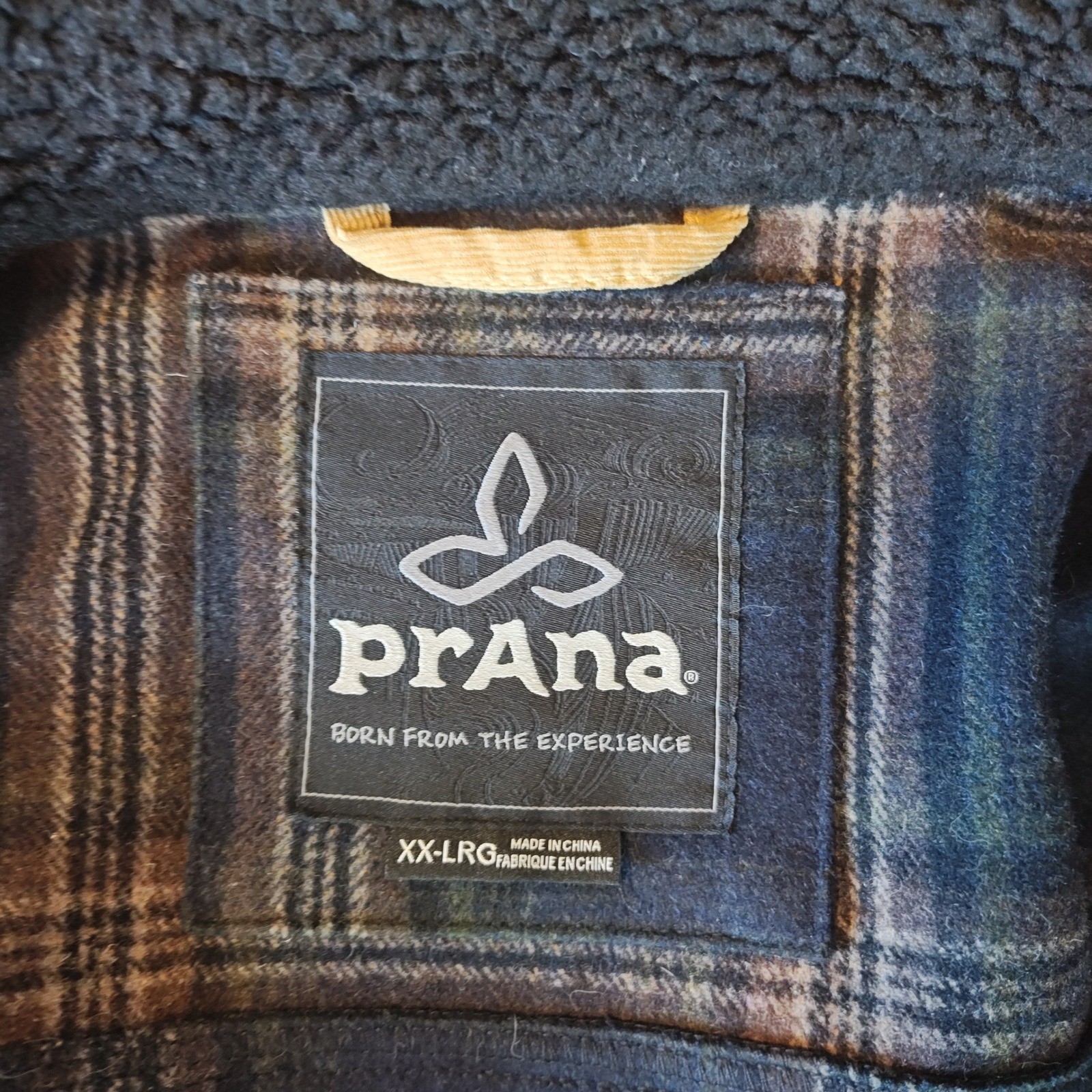 Prana Pinnacle Wool Blend Shirt Jacket Mens XXL Brown black Plaid Sherpa Collar