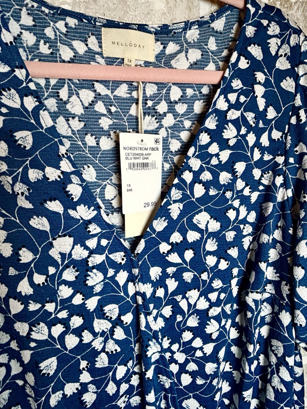 Melloday Blue White Floral V-Neck Smocked 3/4 Sleeve Blouse Plus 1X