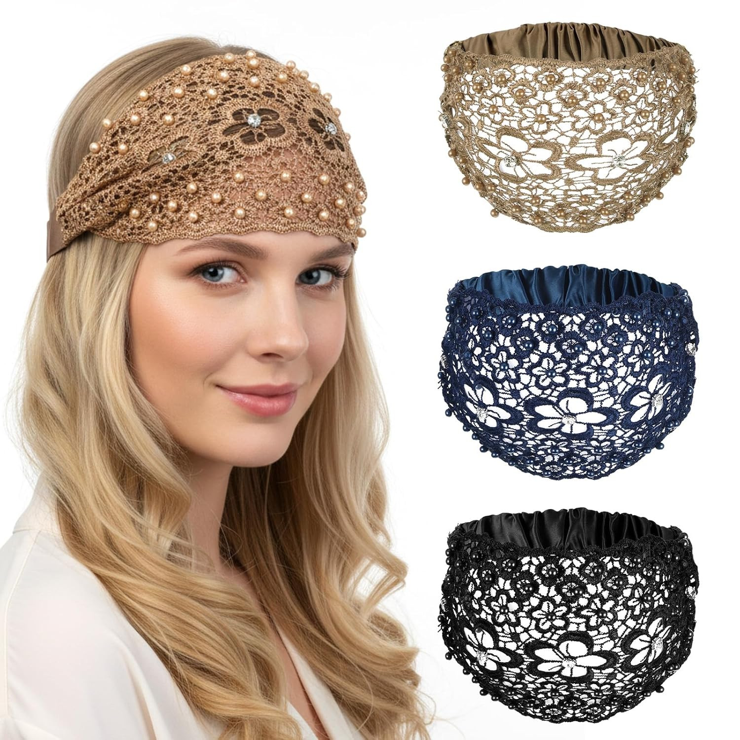 3 Pack Wide Lace Headband for Women Wide Floral Pearl Lace Head Wrap Boho Style