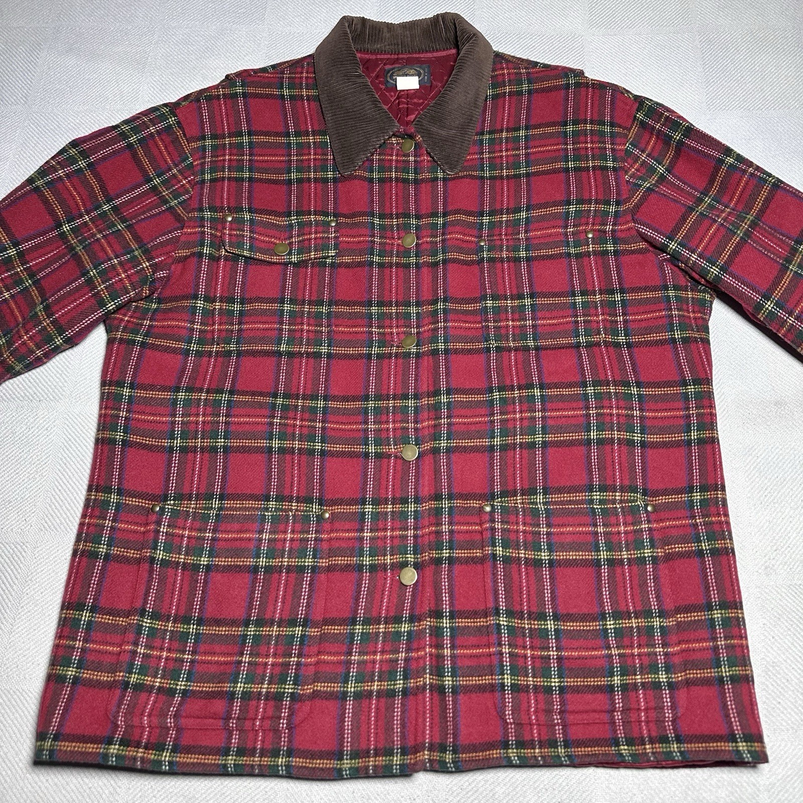 VTG 80s 90s British Khaki Jacket Womens 14 Chore Coat Tartan Plaid Wool Blend