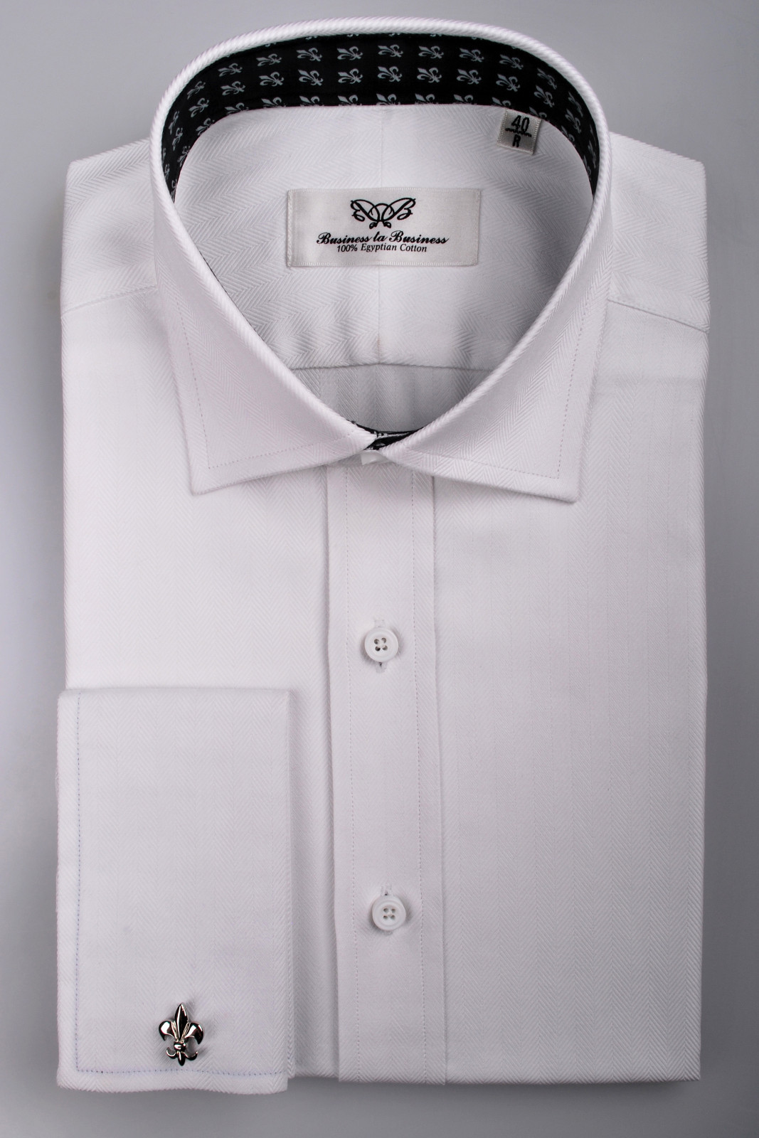 White Herringbone Twill Formal Business Dress Shirt Fleur-De-Lis Italian GQ Boss