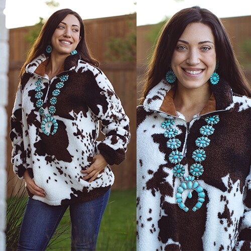 THE ESADOWA COWPRINT FLEECE/SHERPA PULLOVER BRAND NEW POLYESTER/SPANDEX MACHINE