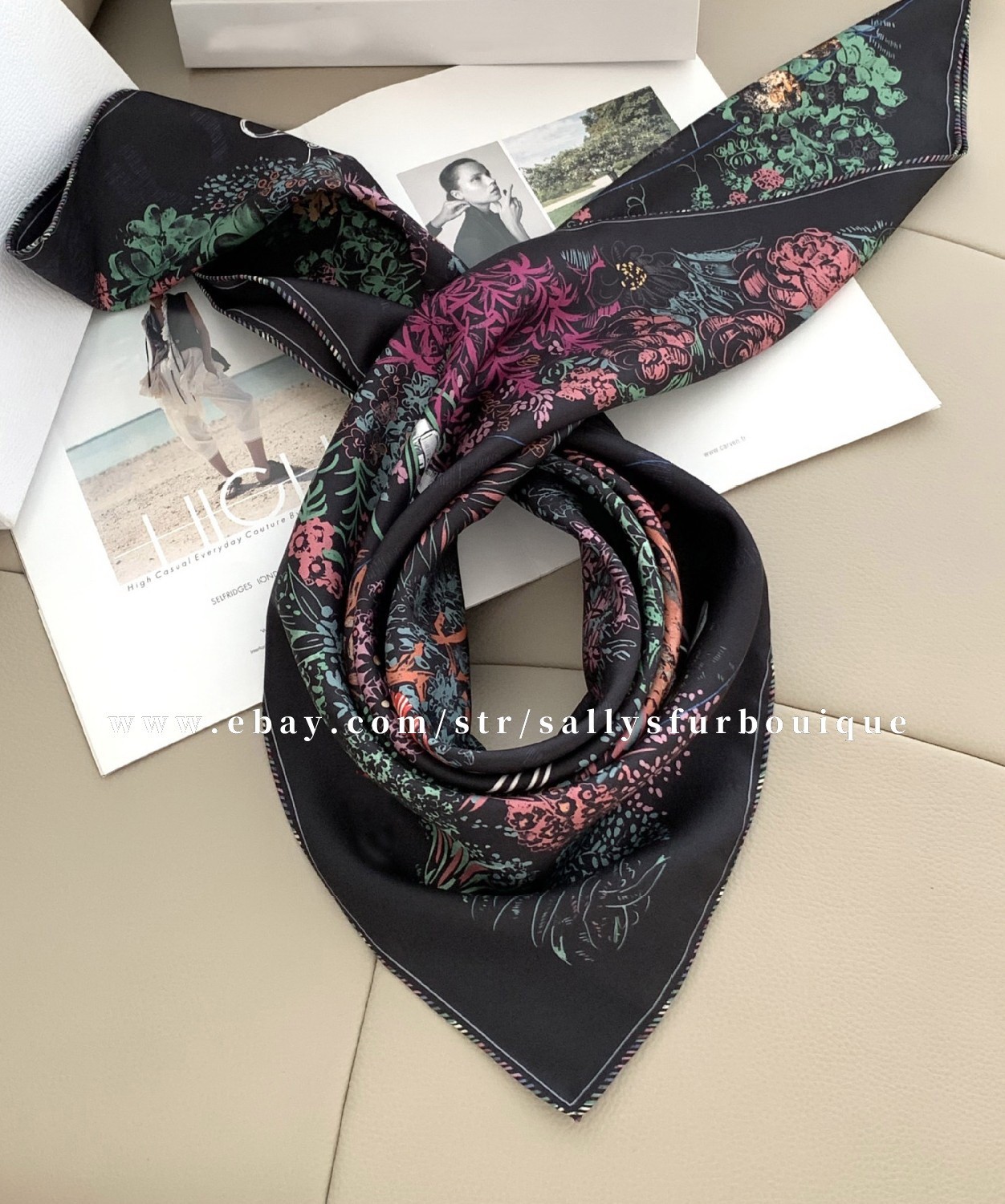 Sallys 18 Momme Twill Silk Wrap Scarf Florals Print Double Face Square Shawl 35″