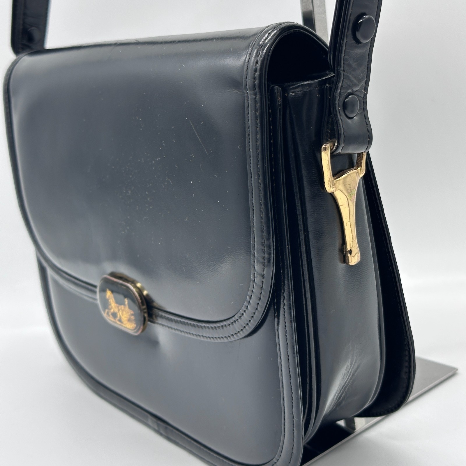 CELINE Shoulder Bag Handbag Horse Black Leather Carriage Purse Vintage Authentic
