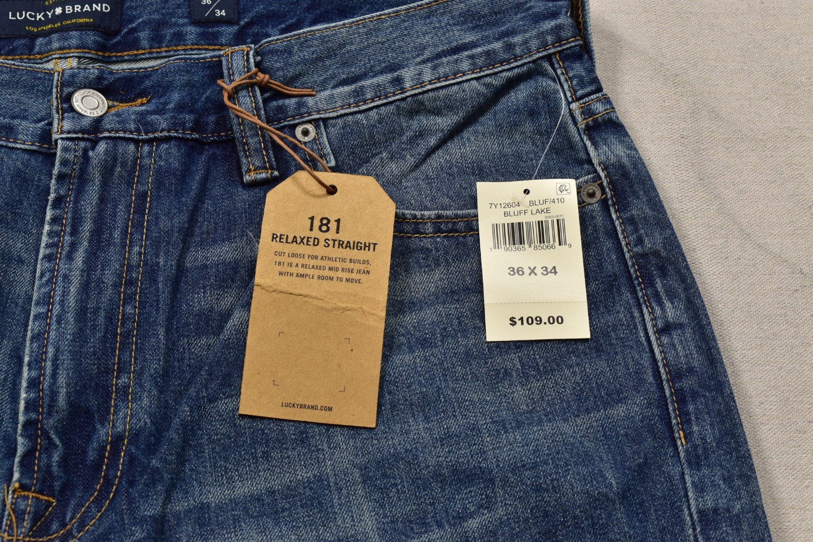 Lucky Brand Men’s 181 Relaxed Straight Denim Jeans Blue Bluff Lake 36×34 NEW