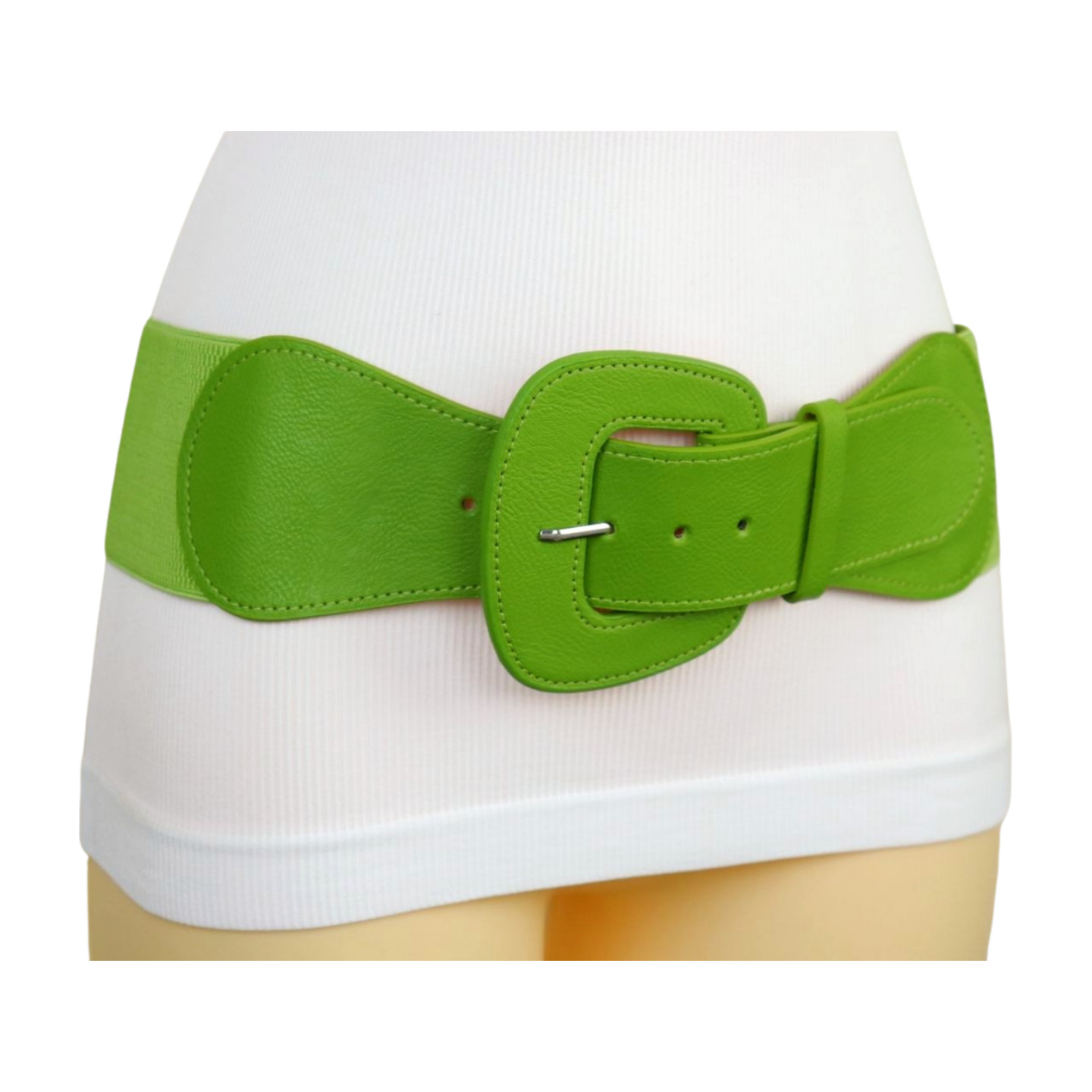 Women Olive Green Elastic Waistband Wide Popular Fun Fashion Belt Big Buckle S M