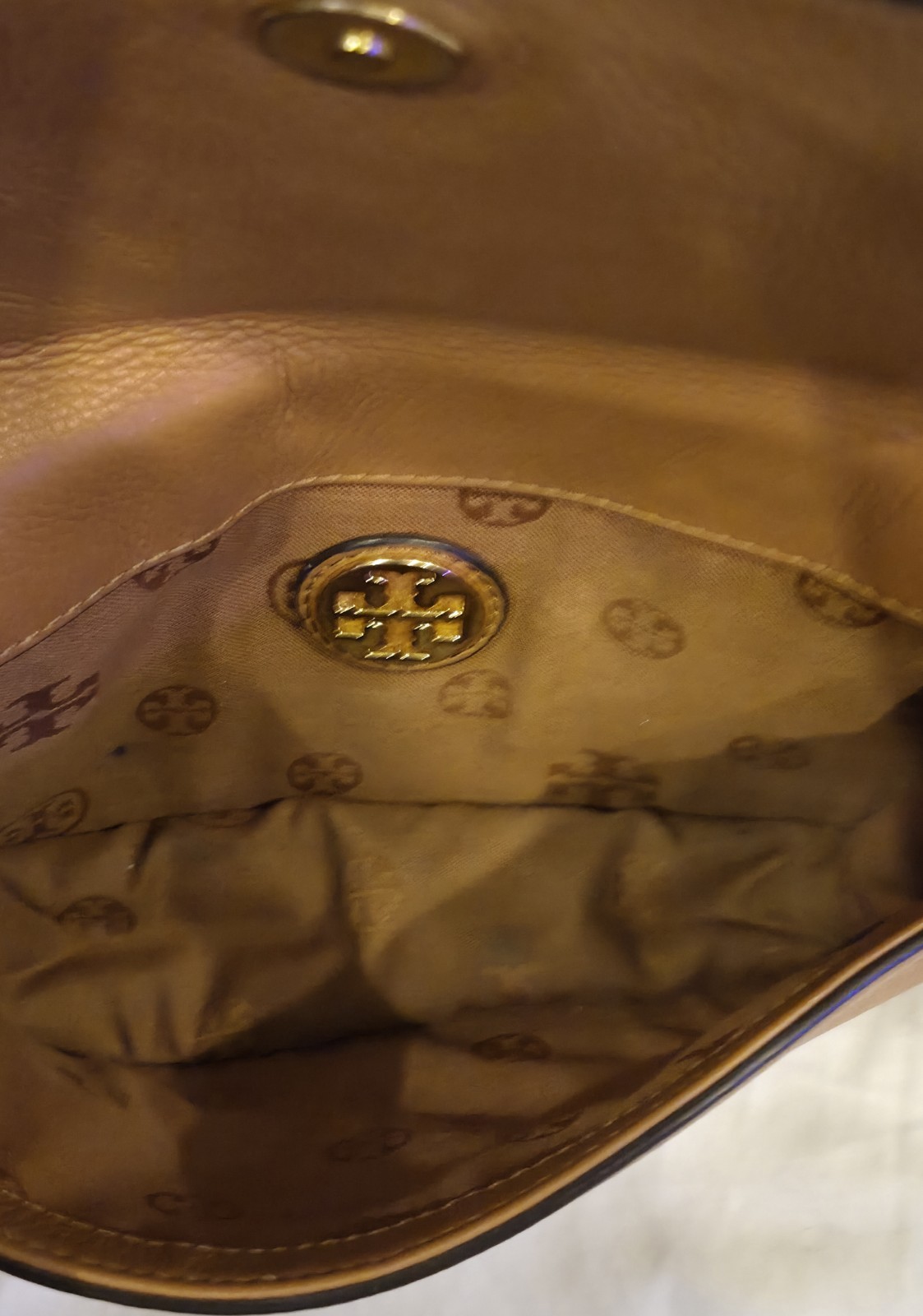 Tory Burch Brown Pebbled Crossbody Bag with Logo, Magnetic Closure, Gold