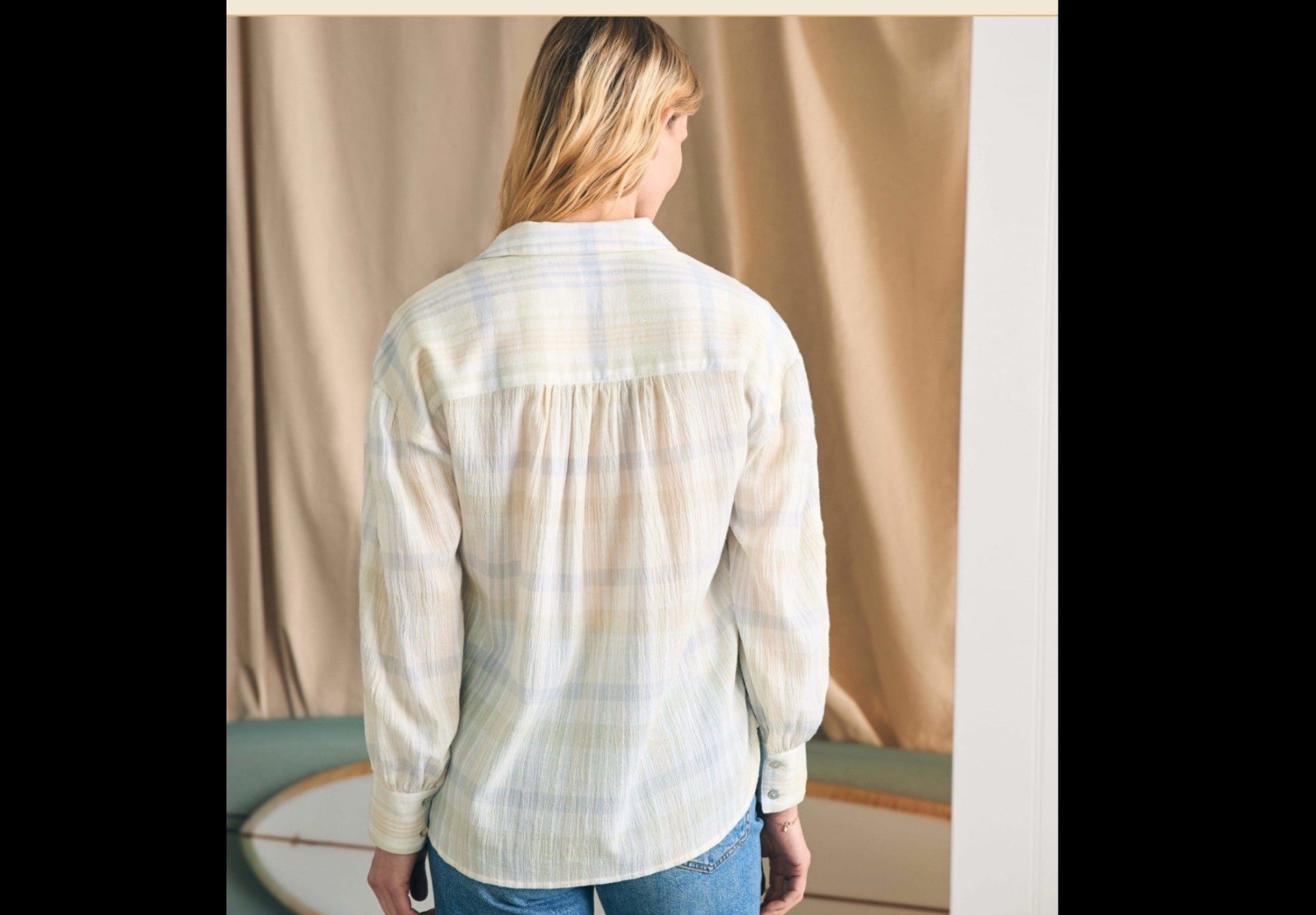 FAHERTY Linen Plaid Collared Half Way Buttons-Long Sleeve Top White/Cream
