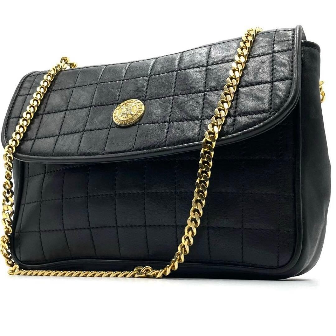 CELINE Triomphe Quilted Black Leather Gold Chain Shoulder Bag Pochette Vintage