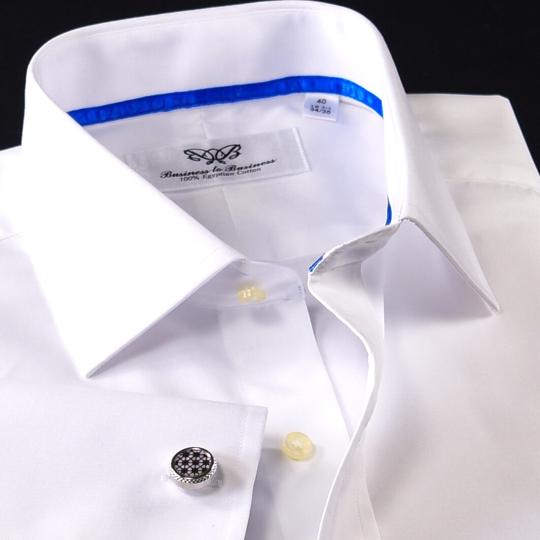 White Poplin 2-Ply 80’s Professional Formal Event Dress Shirt With Blue Trim Top
