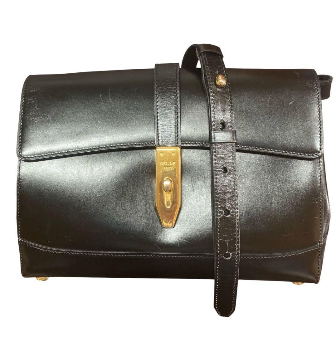 CELINE Shoulder Bag Leather Black Vintage Authentic From Japan
