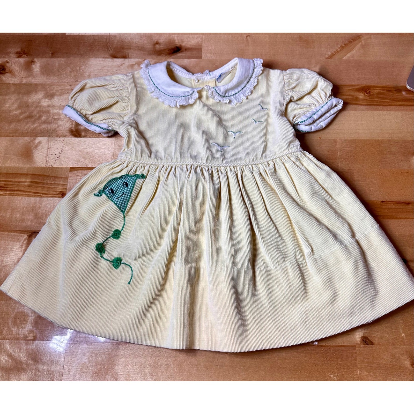 A-Lad-N Vintage Corduroy Dress Kids Sz 2 Yellow Peter Pan Collar Kite Embroidery