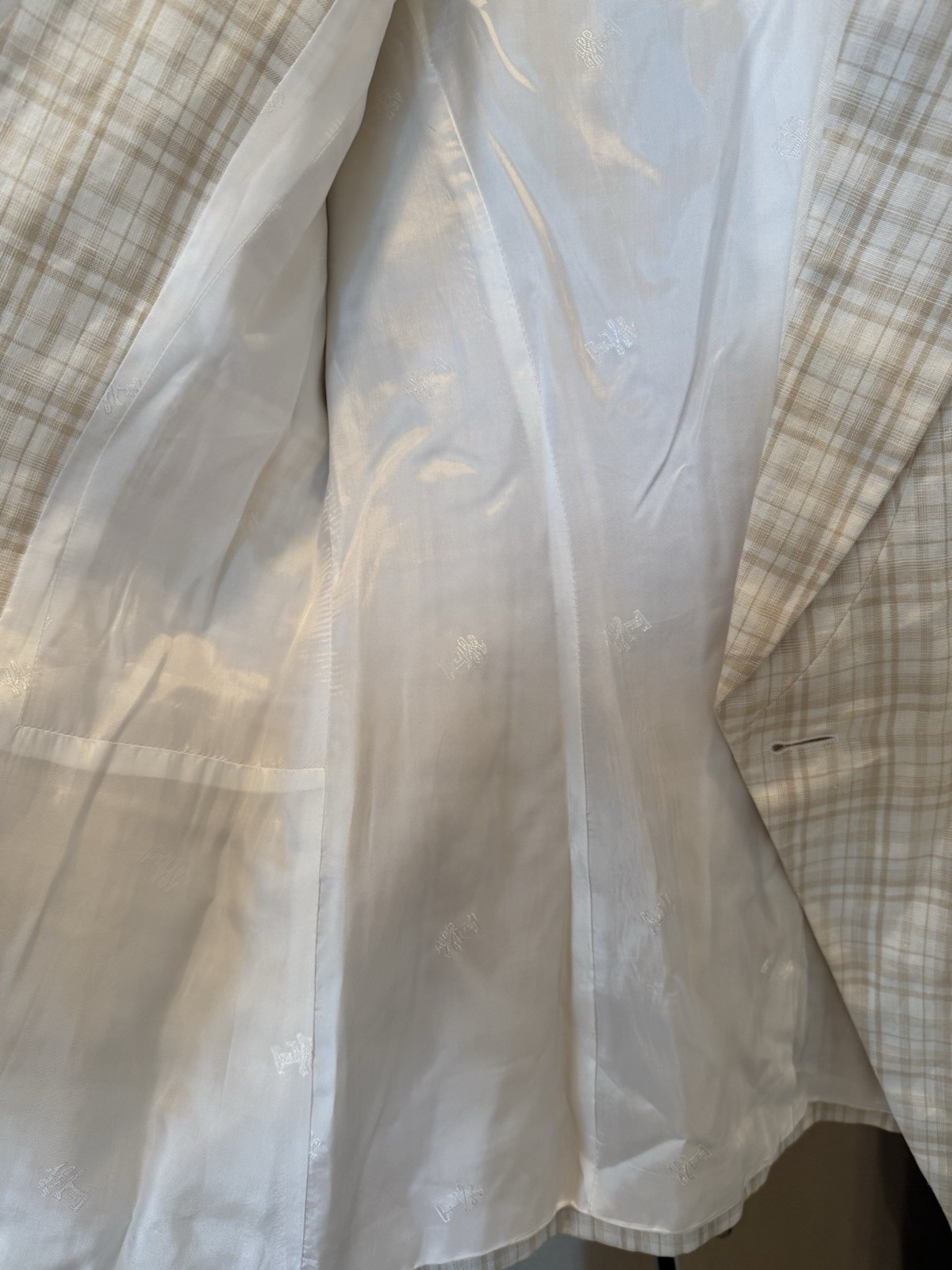 Escada Margaretha Ley 100% Linen Plaid Blazer Beige White Gray Size 34