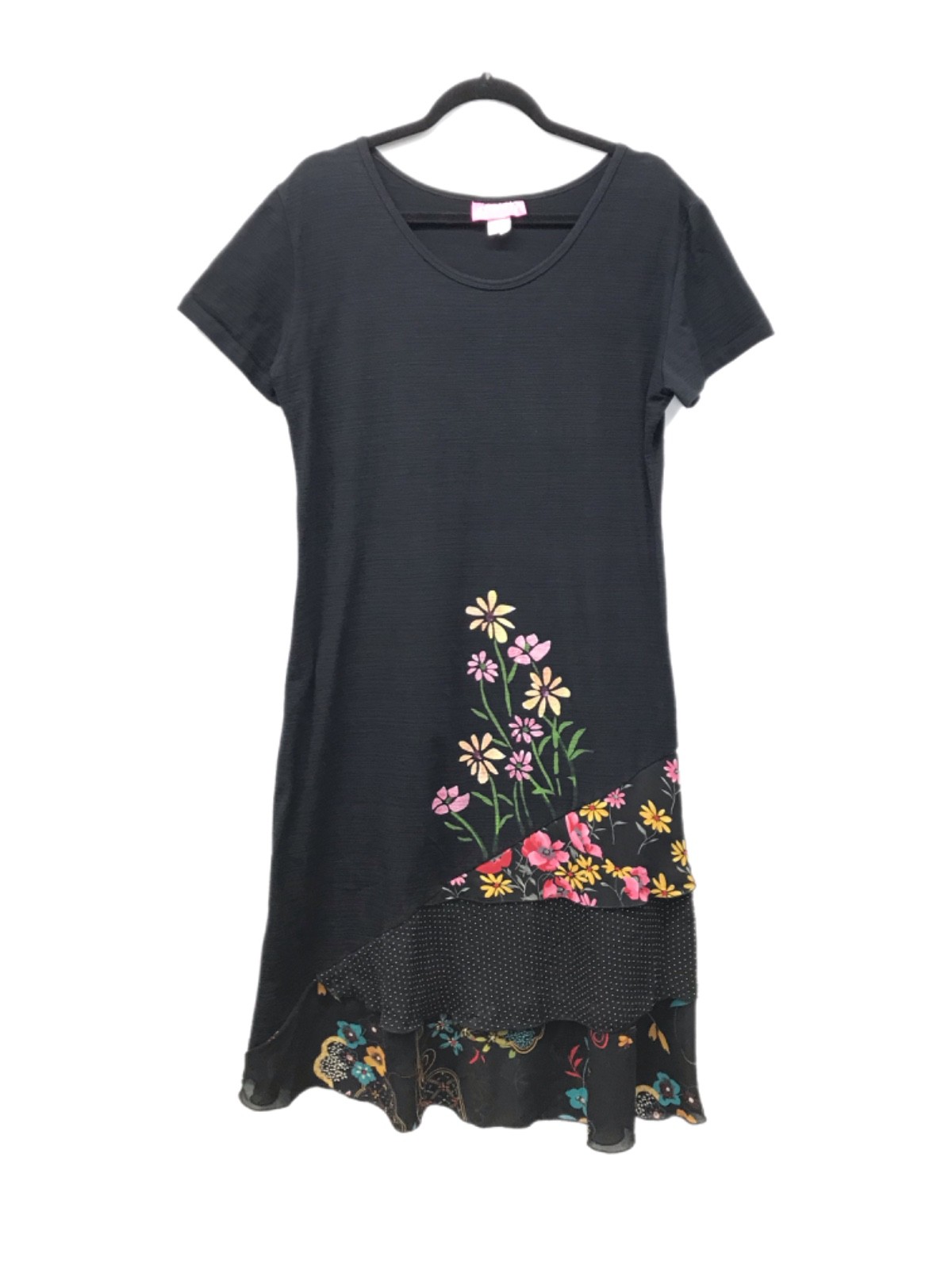 Vtg Crazy Fish Womens L Dress Lagenlook Artsy Beachy Black Boho Ruffle Floral