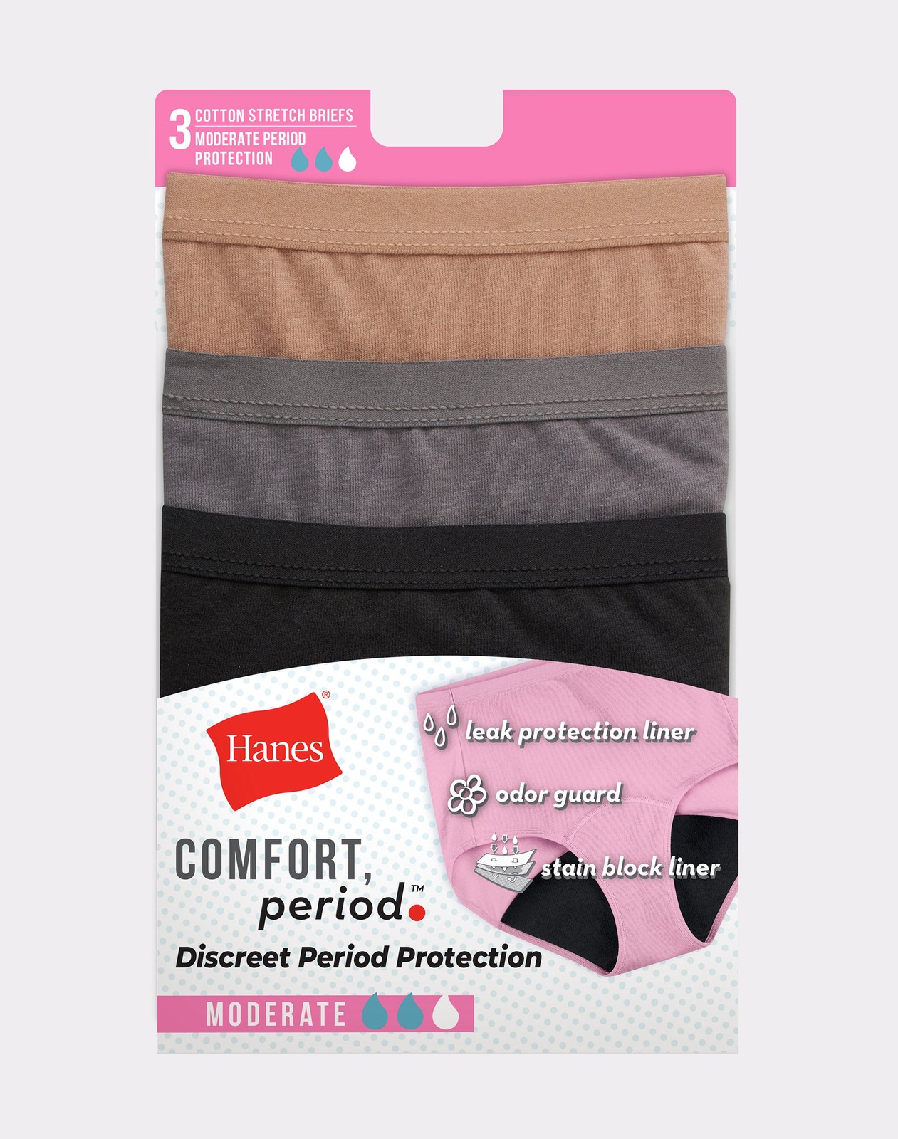 Hanes Brief 3-Pack Panties Fresh & Dry Moderate Leak Protection Womens Underwear