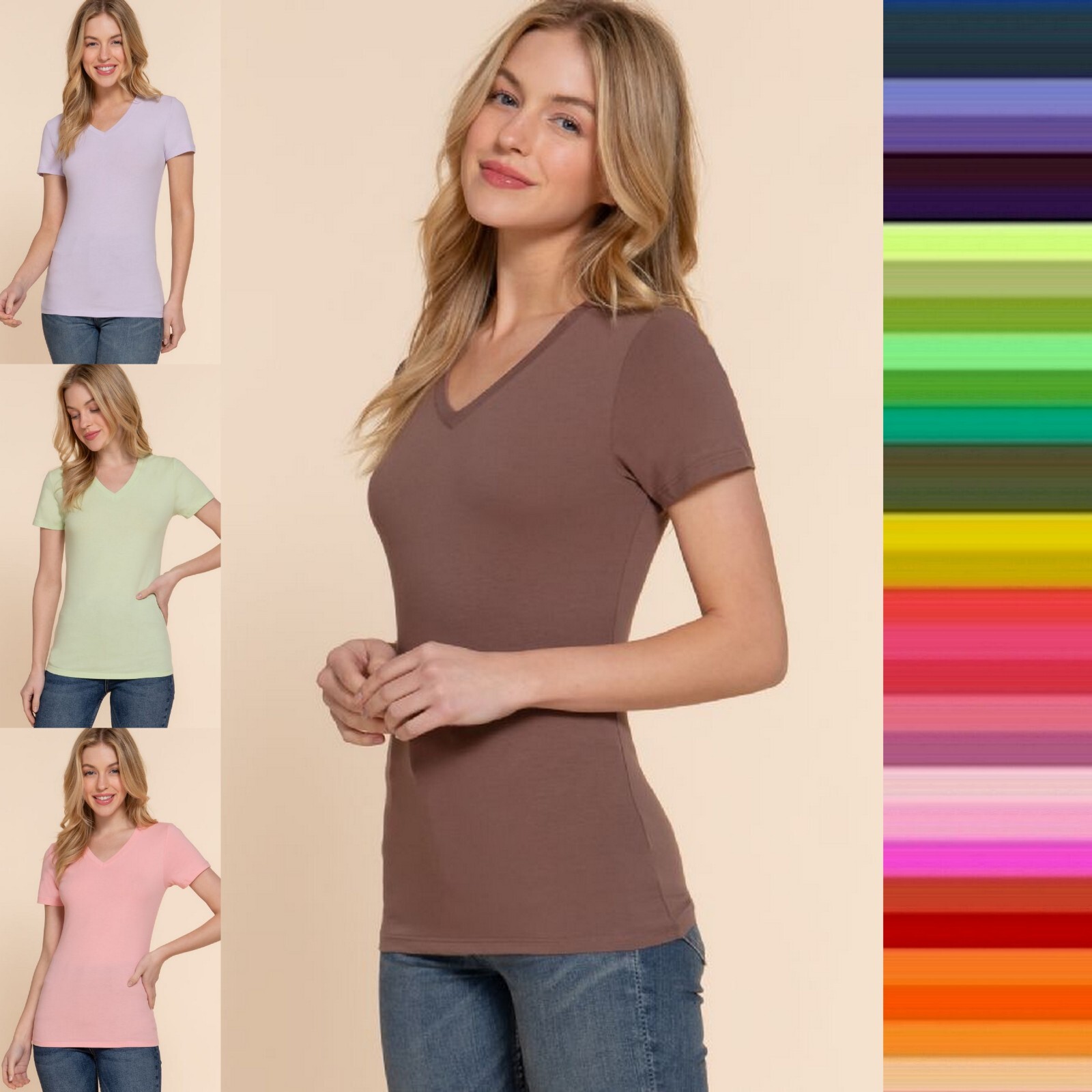 Women’s V Neck Short Sleeve Basic Shirt Top Soft Stretch Cotton T-Shirt