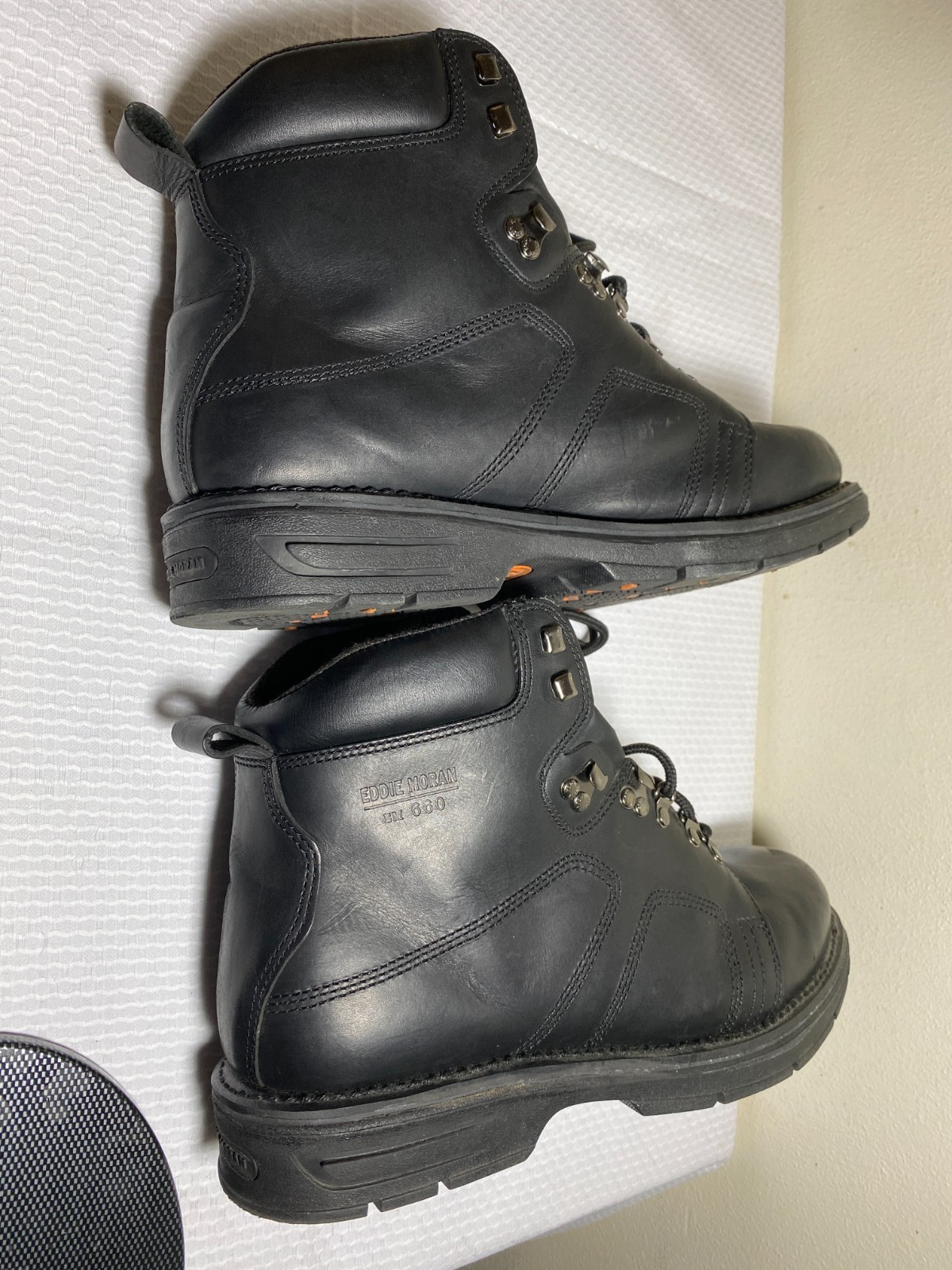 Eddie Moran Work Boots Black Mens Size 14M Chevron Orange Sole Slip Resistant