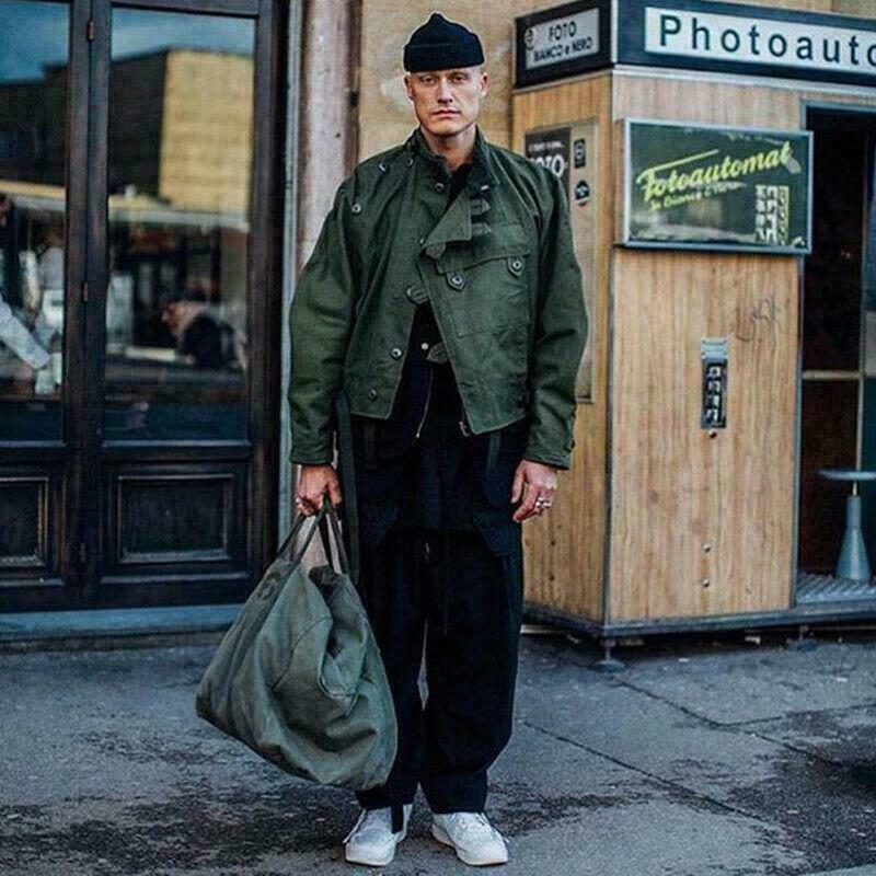 Vintage Swedish Motorcycle Jacket Men’s Workwear Green Loose Coat Belt Casual SZ