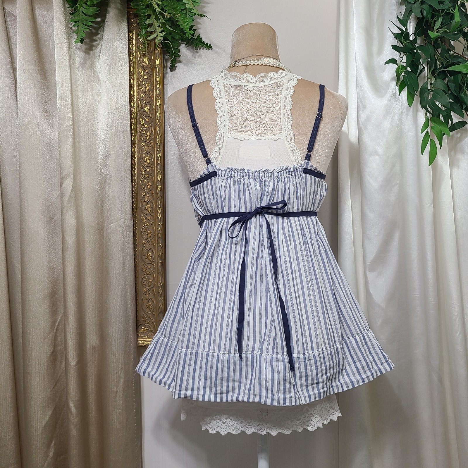 ♡ Y2K ♡ Abercrombie Blue Striped Babydoll Tie Back 100% Cotton Ruffle Tank Top