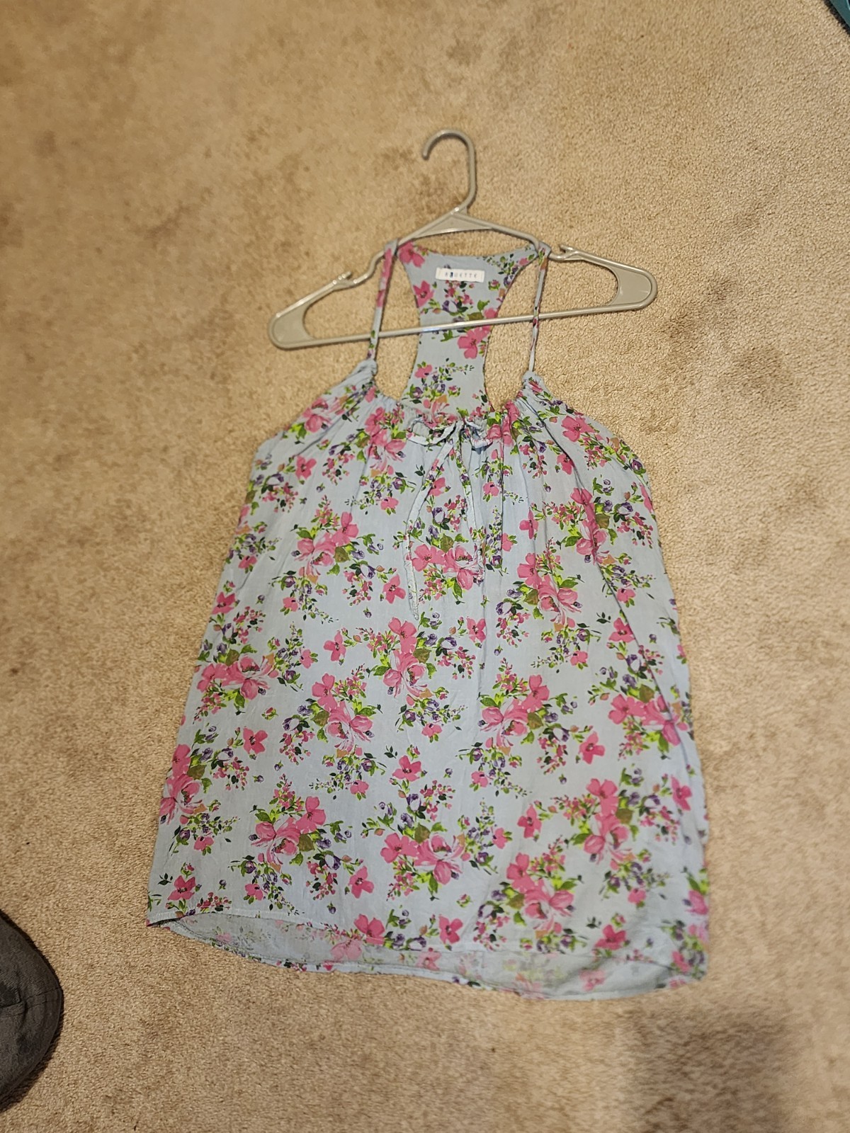 Bluette Italian Silk/Cotton Floral Chiffon Halter Tie Tank Top Women’s Blouse XS