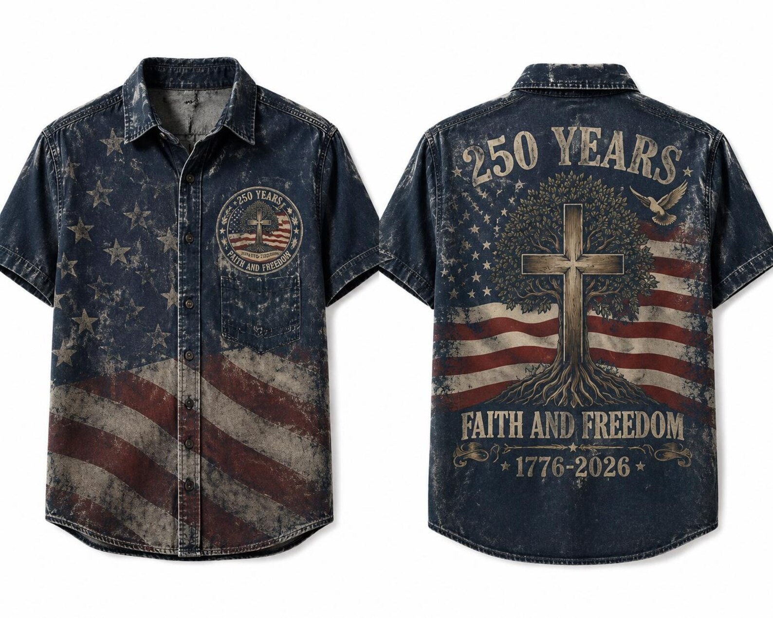 Vintage Patriotic 250 Years Faith & Freedom Shirt, Men’s American Flag Cross Tee
