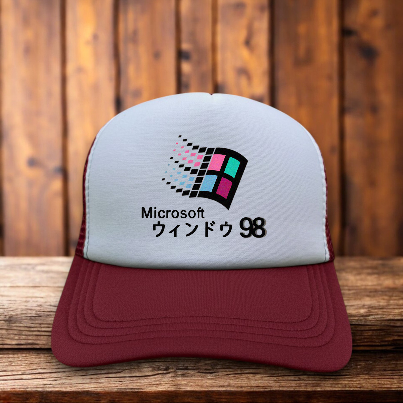 Microsoft ’98 Japanese Mens Trucker Hat Maroon Windows Retro Logo Tech Cap