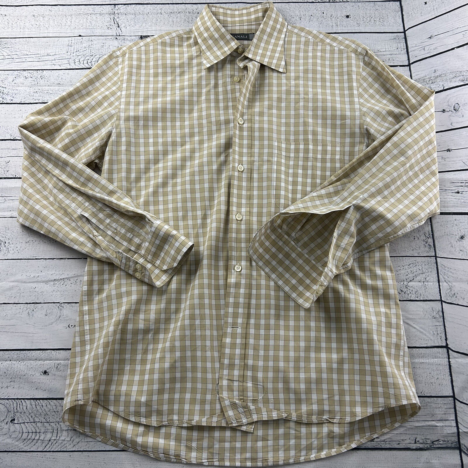 Canali Plaid Long Sleeve Button Front Shirt Men’s Medium Beige White