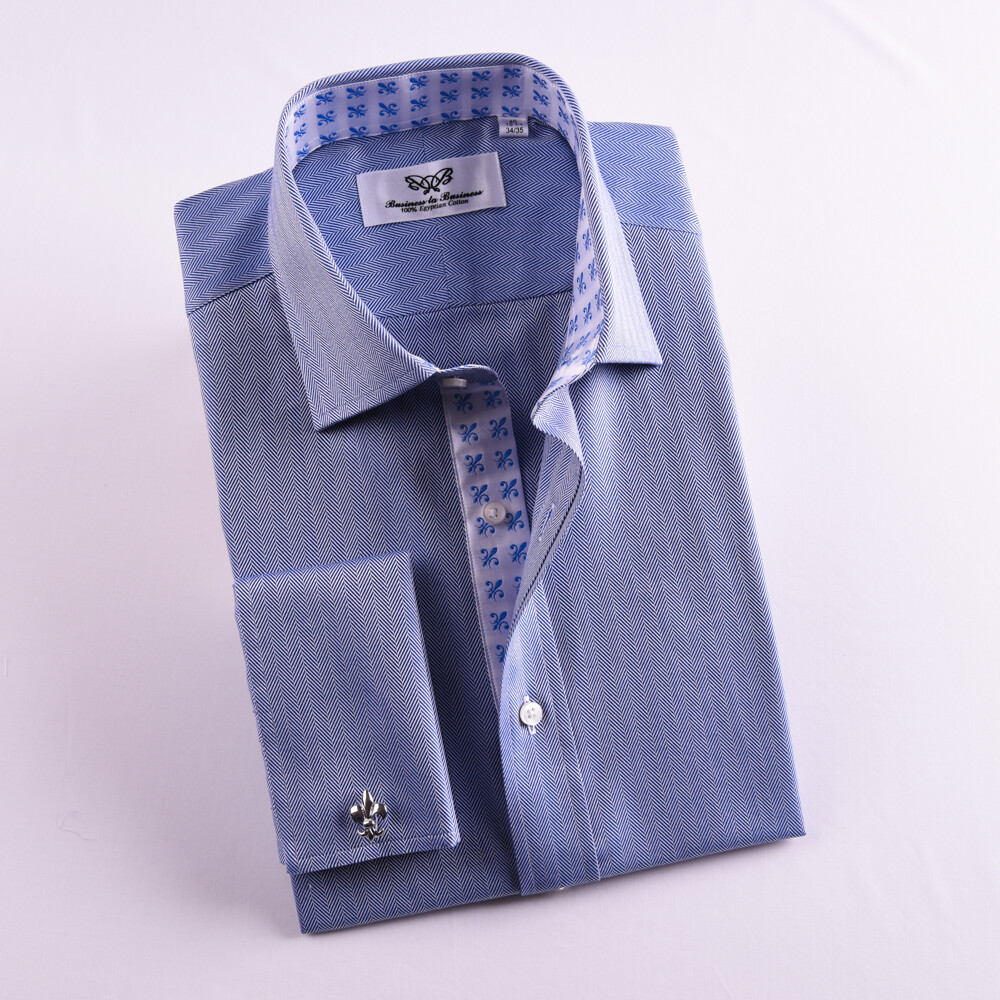 Limited Quatanty Mens Blue Formal Herringbone Business Dress Shirt French Cuffs