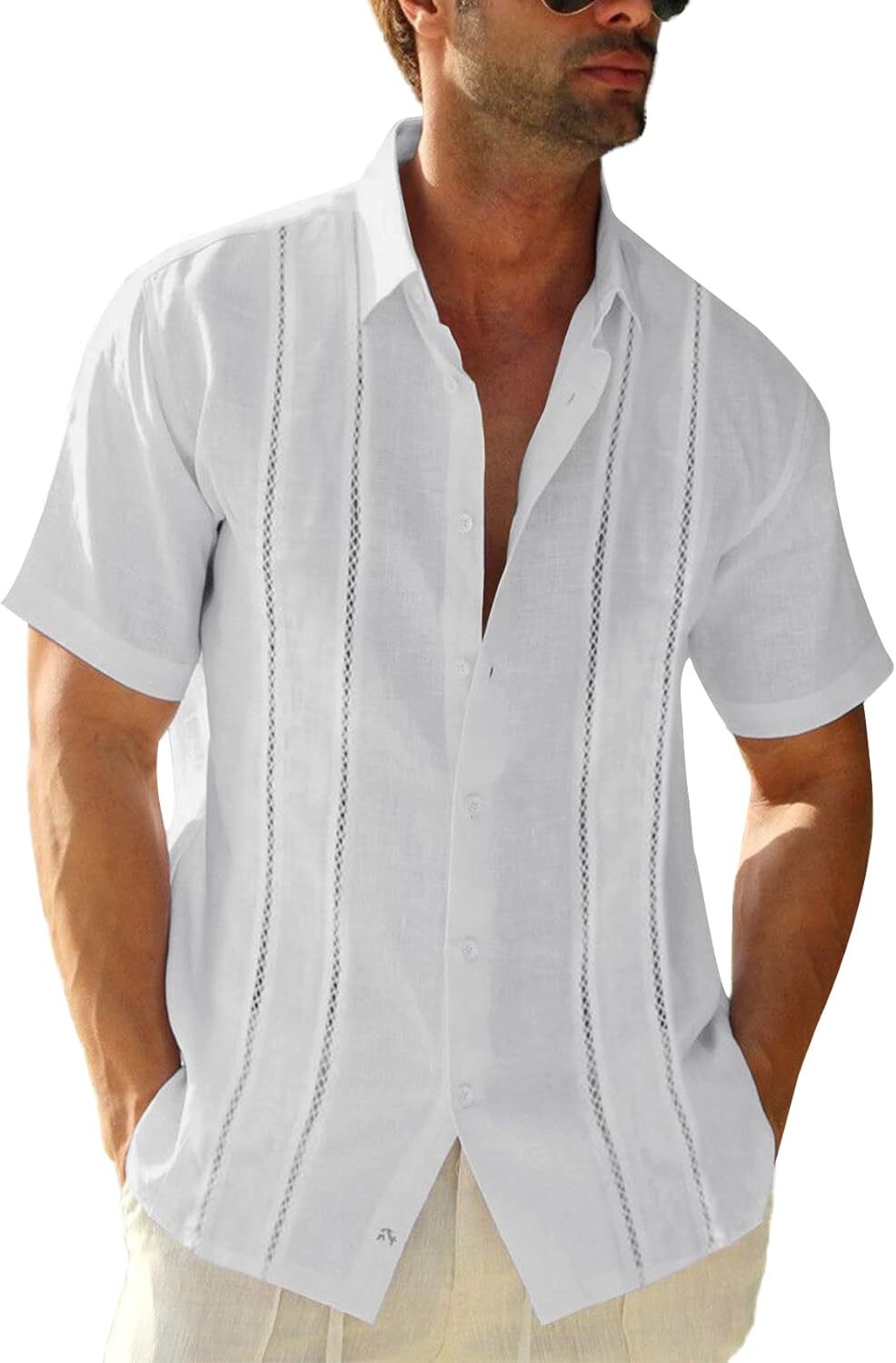 Mens Guayabera Shirt Linen Cotton Embroidered Short Sleeve Cuban Wedding Beach