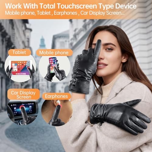 Sheepskin Leather Gloves for Women, Soft Warm Cashmere Lining Full Hand Medium