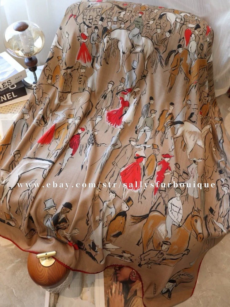 70% Cashmere & 30% Silk Wrap Scarf Horses Print Double Face Shawl 53″
