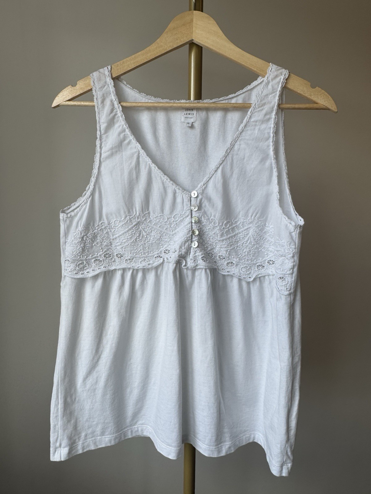 John Lewis White 100% Cotton Broderie Lace Trim Sleeveless Vest Top UK 10