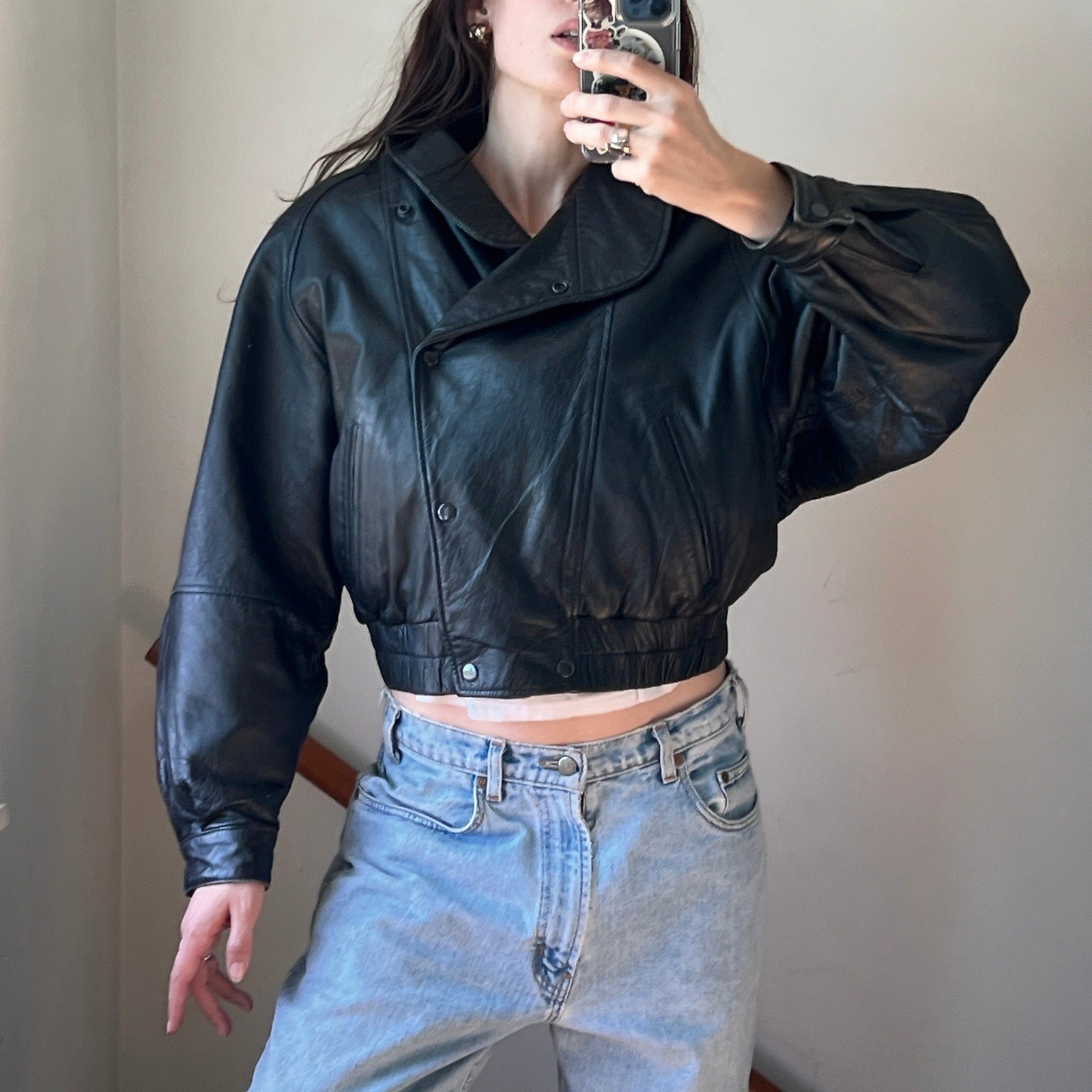 Vintage 80s Leather Jacket Black Cropped Statement Bomber Moto Biker 90s