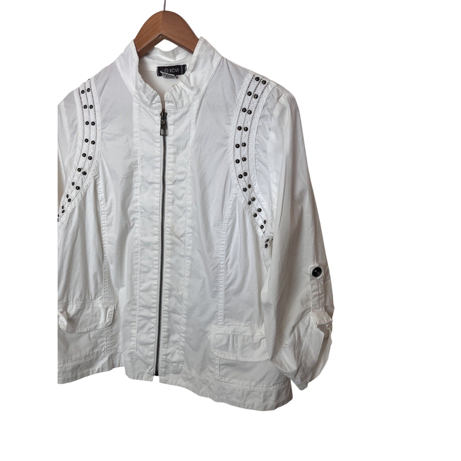 XCVI White Embellished Zip Shirt Stretch Jacket Studded Beaded Cotton Sz Large