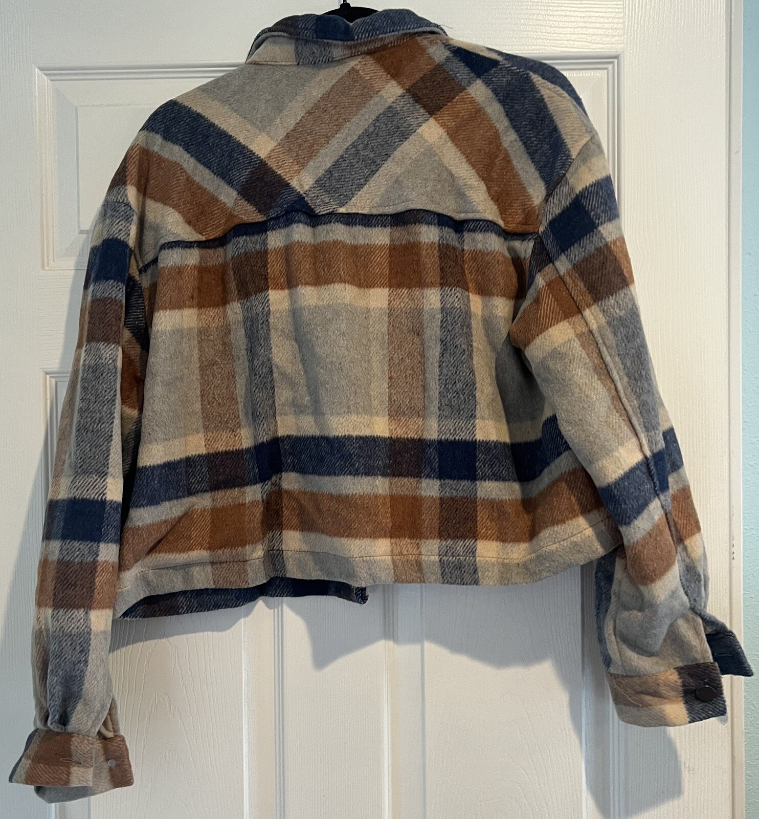 Women’s Crop Flannel Jacket Brown, Gray & Blue Size S Fully Lined