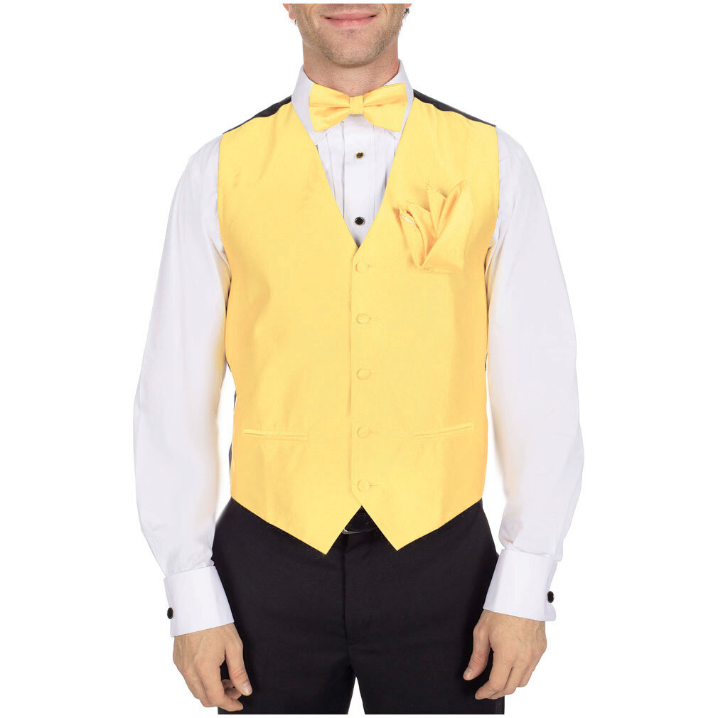 Men’s Solid Yellow Satin Tuxedo Vest Bow Tie & Hanky Set for Formals Weddings