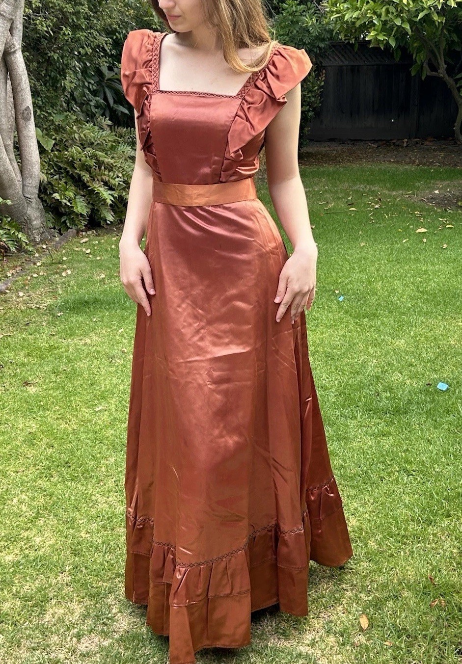Vintage 40s 50s handmade S Heavy Satin long maxi dress Big Bow