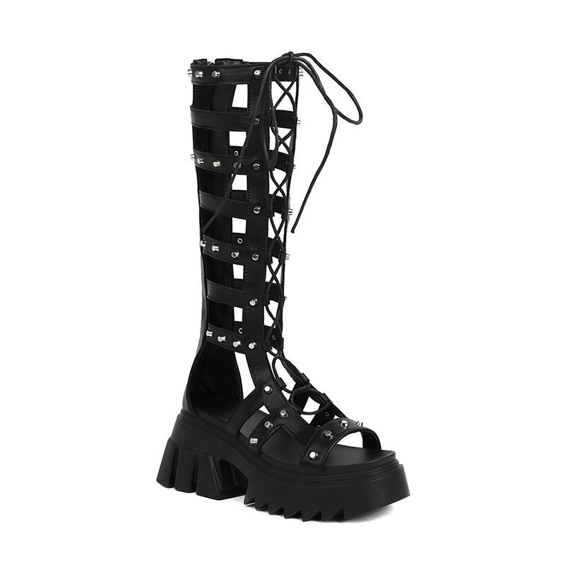 Women Studded Gladiator Knee High Sandals Platform Chunky Lace Up Goth Boots
