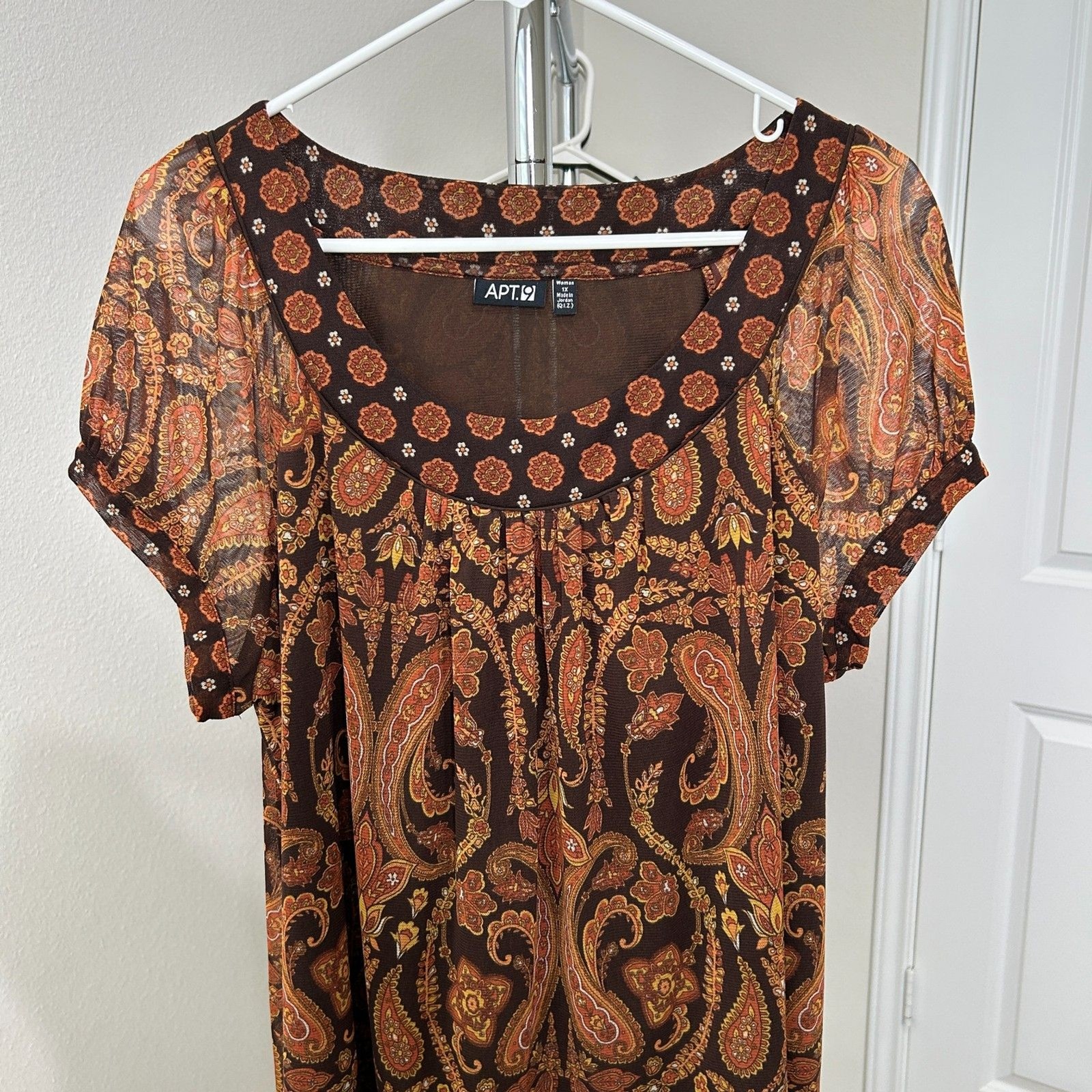 Apt. 9 Blouse Orange Brown Paisley Sheer Mesh Vintage Boho Y2K Earth Tone