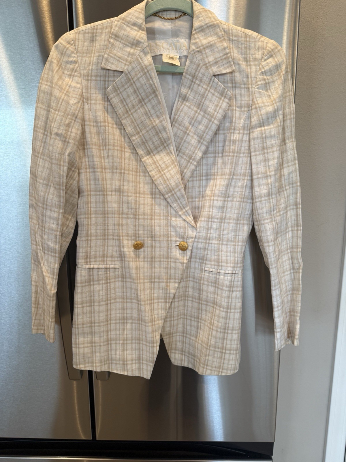 Escada Margaretha Ley 100% Linen Plaid Blazer Beige White Gray Size 34